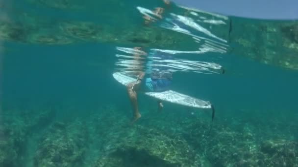 慢动作 半水下 耐心的男性冲浪者坐在他的冲浪板上 等待大浪接近海岸 冲浪板坐在他的船上在碧绿的海洋 环顾海景 — 图库视频影像