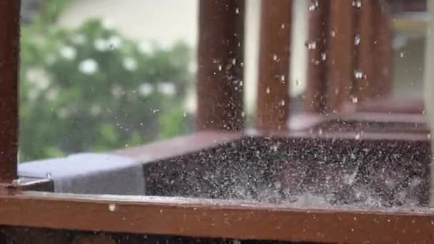 Close Dof Monsoon Rain Washes Brown Metal Railing Balcony Lovely — Stock Video