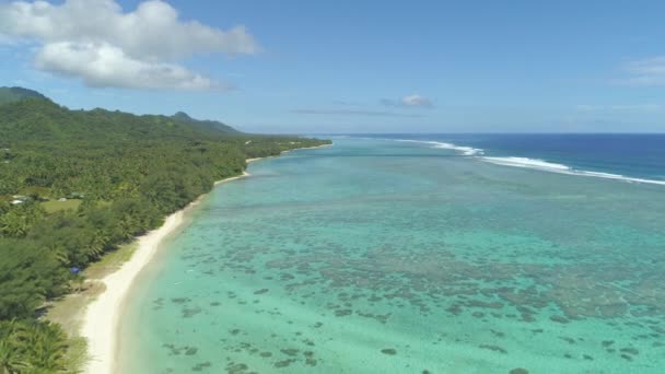 来自太平洋的深蓝色海浪向异国情调的白色沙滩冲去 沿着阳光明媚的空旷海岸飞行 在壮观的库克群岛可爱的海滨度假屋飞行 — 图库视频影像