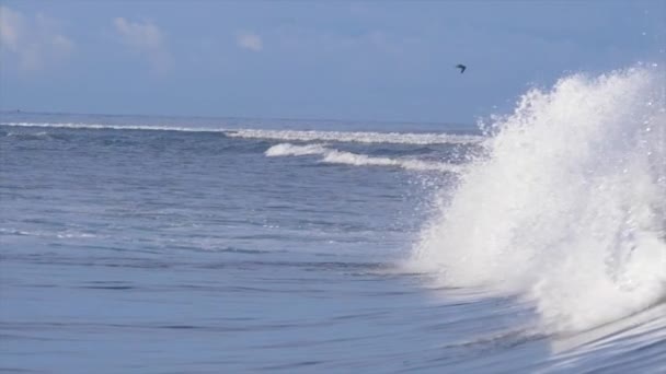 スローモーション クローズアップ Dof 晴れた太平洋でカメラを越えて転がる空のバレル波 日光の下で輝く美しいチューブ波の素晴らしいショット 海岸線に近づく海の波を飛び散らす — ストック動画