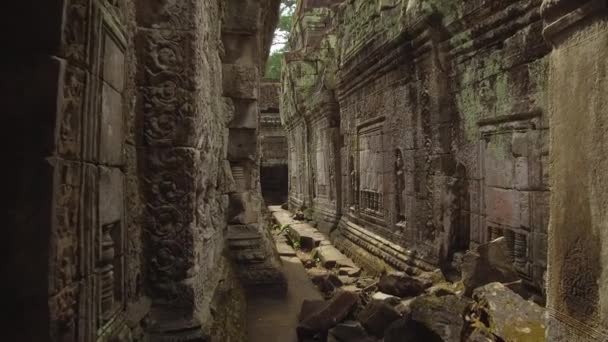 アンコールワットの2つの美しい崩壊仏教寺院の間の狭い道を歩く カンボジアの静かな寺院の複合体を歩きながら古代アジア建築の残骸を観察 — ストック動画