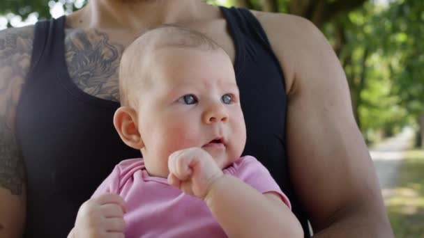 Slow Motion Close Unrecognizable Muscular Tattooed Dad Holding His Delicate — Stock Video