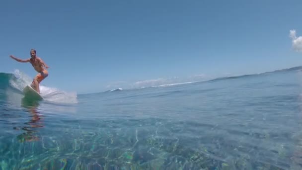 Moción Lenta Cerrar Copia Espacio Agua Superior Alegre Surfista Profesional — Vídeo de stock