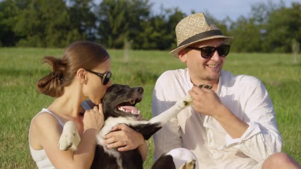 Zeitlupe Nahaufnahme Eine Liebende Frau Küsst Einen Glücklichen Hund Während — Stockvideo