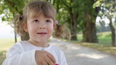 yavaş hareket, portre: eğlenceli aile gezisi sırasında sabun kabarcıkları üfleme eğlenceli bebek kız. Sevimli küçük Kafkas kız sevimli pigtails güneşli ağaç cadde de kabarcıklar üfleme oynarken