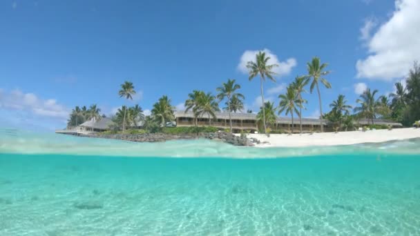 ハーフ水中 ヤシの木に囲まれたリモート木造リゾートとクック諸島の空の白い砂浜を見て見事なクリスタルクリアな海 トロピカルオーシャンフロントホテルの美しい景色 — ストック動画