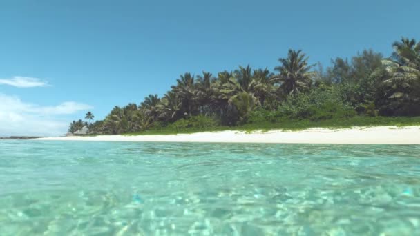 MOTION SLOW : L'eau vitreuse de l'océan scintille sous le soleil éclatant de l'été près d'une île tropicale à couper le souffle. Palmiers luxuriants et verdure couvrent la plage de sable blanc idyllique. Destination de vacances parfaite 