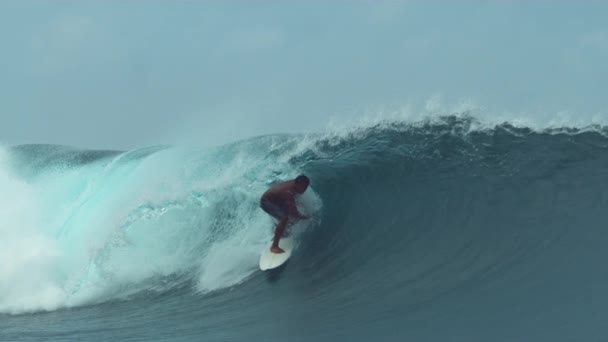 Slow Motion Ścieśniać Nieustraszona Młoda Pro Surfboarder Jeździ Szklisty Szmaragdowej — Wideo stockowe