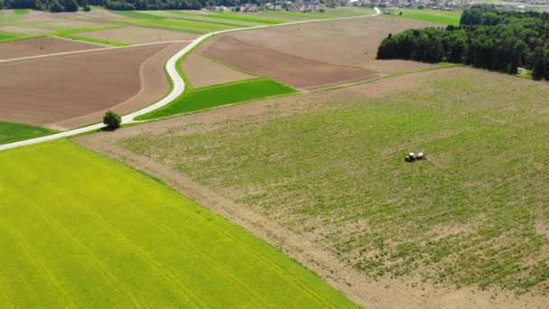 Aerial Przelatujące Nad Ciągnikiem Nawoza Duży Plaster Gruntów Rolnych Słonecznej — Wideo stockowe