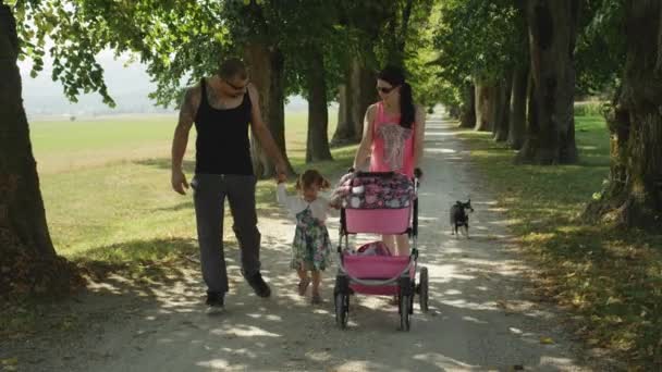 슬로우 얽매이지 부모는 산책하기 신생아 소녀를 그들의 귀여운 활기찬 — 비디오