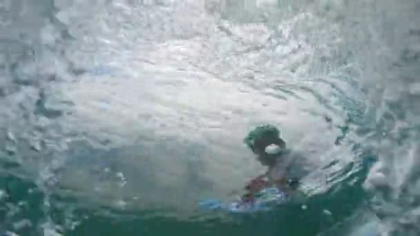 Slow Motion Underwater Unrecognizable Surfer Riding Big Glassy Barrel Wave — Stock Video