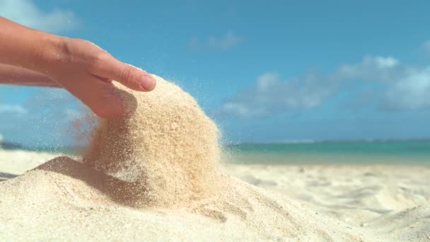 Lent Motion Fermer Femme Méconnaissable Soulève Une Poignée Sable Laisse — Video