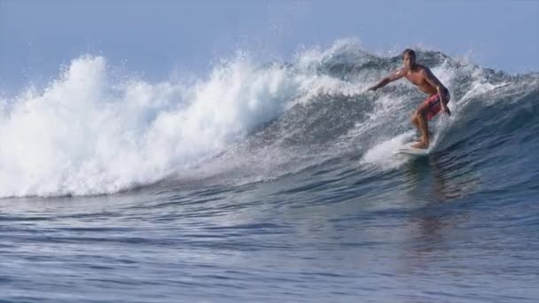 スローモーション 若いプロの男性サーファーは 透明な破断海波に乗ります 休暇の極端なサーフボーダーは サーフィンのための完璧な日に壮大なクラッシュ波に乗ります 彼のサーフボード上で楽しんでいる男 — ストック動画