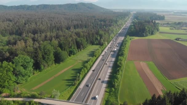 Luftaufnahme Einer Vielbefahrenen Autobahn Malerischer Sonniger Natur Während Der Hauptverkehrszeit — Stockvideo