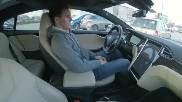 Tesla Autonomous Car March 2018 Close Young Male Driver Sitting — Stock Video