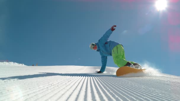 Slow Motion Low Angle Lens Flare Cheerful Young Male Snowboarder Royalty Free Stock Footage