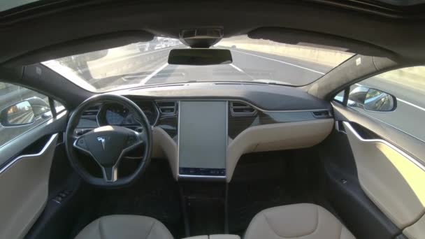 Tesla Autonomiczny Samochód Marzec 2018 Pusty Własny Nawigacja Samochód Tesla — Wideo stockowe