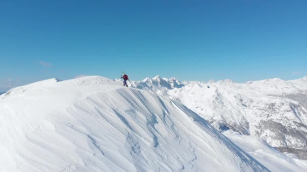 航空写真 晴れた冬の日にアルプスを覆う新雪パウダーに乗る準備不明なスキーヤーでスケーリングされている雪に覆われた山の尾根に沿って飛んでいます 息をのむ雪景色氷河 — ストック動画