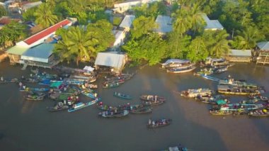 Hava: Yeşil kırsal pastoral bir yaz akşamı yüzen pazar işgal yerel Vietnam halkının muhteşem görünümü. Ahşap teknelerde karanlık nehir ve yerliler etrafında uçan.