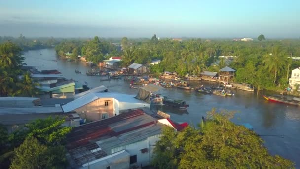 Antenne Fliegen Einen Lebhaften Schwimmenden Markt Der Sonnigen Vietnamesischen Landschaft — Stockvideo