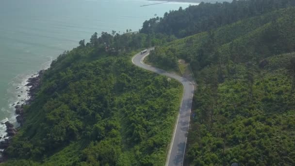 Grande Camion Guida Lungo Pittoresca Strada Costiera Nel Verde Lussureggiante — Video Stock