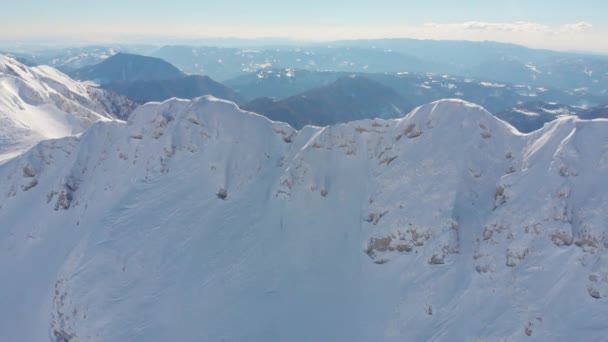 Aerial Breathtaking View Air High Mountain Range Covered Fresh Snow — Stock Video