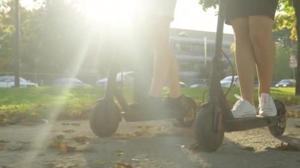 LOW ANGLE: Girls in skirts ride electric scooters along gorgeous sunlit avenue. — Stock Video