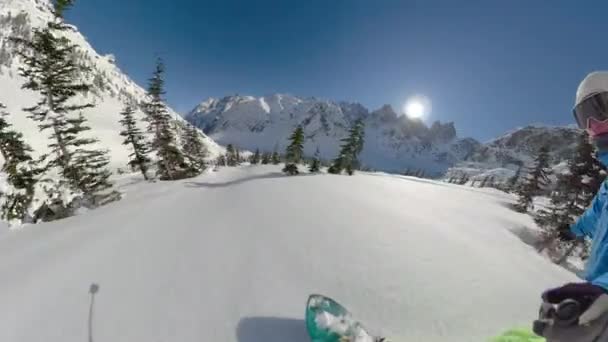 Cool snowboarder μάγκα αποκόμματα φρέσκια σκόνη κατά τη διάρκεια ενός ταξιδιού heliboarding. — Αρχείο Βίντεο
