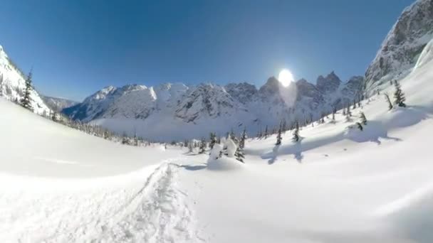 POV: Trituración de nieve en polvo durante un viaje en helicóptero en la Columbia Británica . — Vídeo de stock