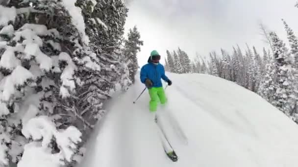 SELFIE: Mannelijke skiër versnippert vers poeder tijdens een boomskivakantie in Park City. — Stockvideo