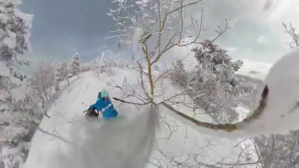 SELFIE:パークシティの若い男の木のスキーは深いパウダースノーに落ちます. — ストック動画