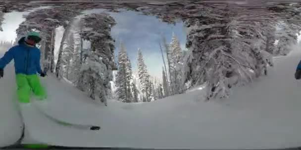 VR360: Man på skidor hastigheter genom den idylliska vintriga skogen i Park City, Utah. — Stockvideo