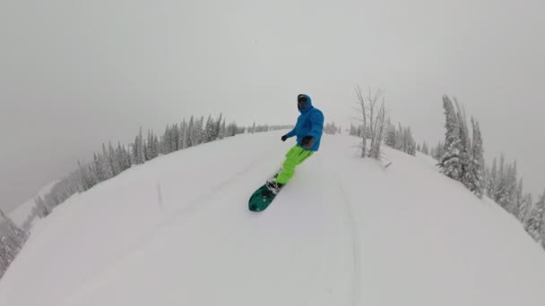 SELFIE: Turista si vychutnává malebné snowboardové sezení v nedotčené krajině. — Stock video