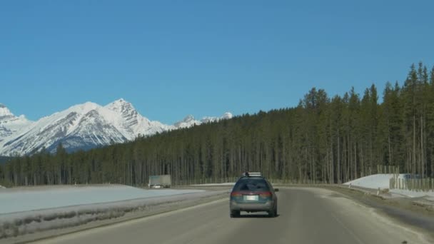 POV: Jeep changes lanes while driving down the scenic Trans Canada Highway. — Stock Video