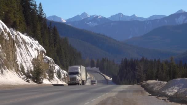 Vrachtwagens vervoeren containers door het pittoreske Banff National Park. — Stockvideo