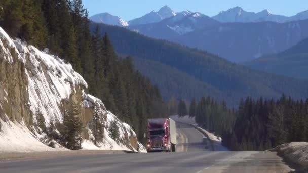 Röd lastbil transporterar en container över den vackra Jasper National Park. — Stockvideo