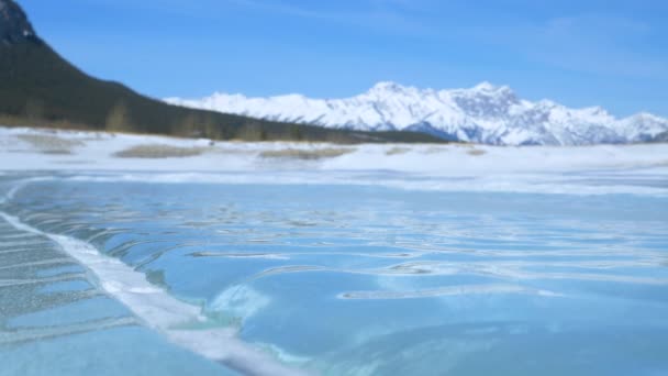 ZAMKNIJ SIĘ: Szklana woda zamarzła na powierzchni jeziora w Canadian Rockies. — Wideo stockowe