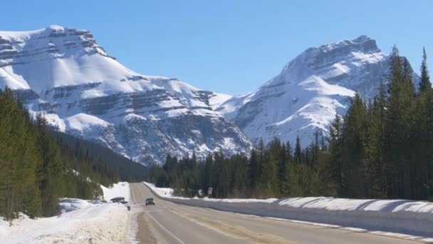 Turister kör en bil ner en naturskön väg som erbjuder utsikt över de kanadensiska Klippiga bergen. — Stockvideo