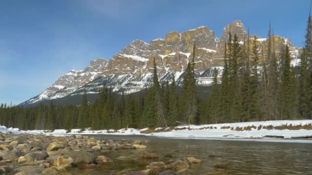 LOW ANGLE Felsiger Kamm überragt einen gläsernen Gebirgsbach, der durch Banff fließt — Stockvideo