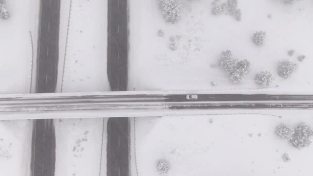 AERIAL, TOP DOWN: Auto fährt bei schwerem Schneesturm auf Autobahn-Überführung. — Stockvideo