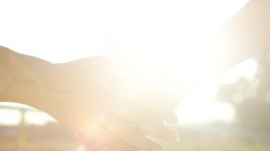 Güneşli bir bahar gününde iki iş ortağı parkta el sıkışıyor..