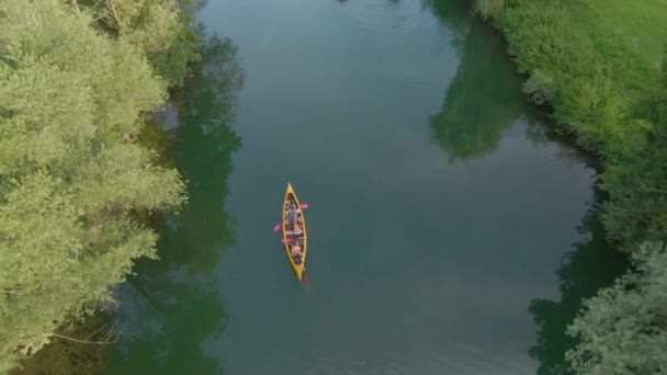 TOP DOWN: Voando acima de um grupo de amigos remando uma canoa atrás de um pequeno barco . — Vídeo de Stock