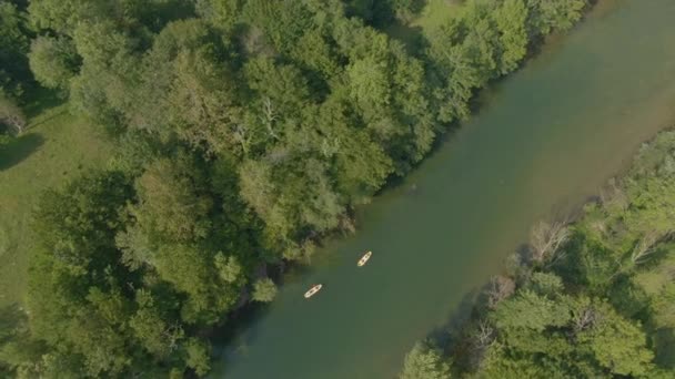 TOP DOWN: Beztroscy turyści wiosłują tratwą wzdłuż spokojnej rzeki Kolpa. — Wideo stockowe