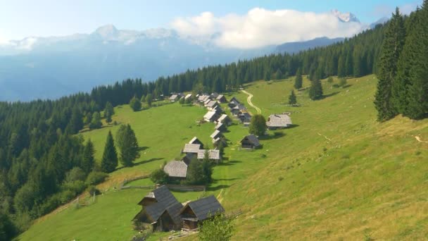 DRONE: Vista panorámica de un pequeño pueblo de cabañas con vistas a los Alpes Julianos — Vídeo de stock