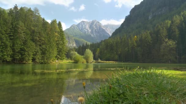 LOW Kąt: Spektakularny widok na skalistą górę z widokiem na las i jezioro. — Wideo stockowe