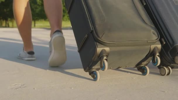 CERRAR: Los nómadas digitales recién comprometidos llevan su equipaje antes de salir . — Vídeos de Stock