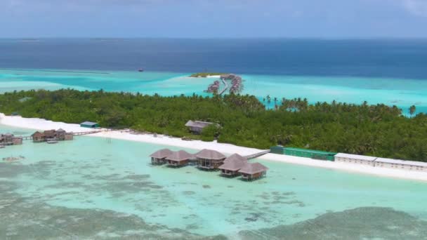 AERIAL: Flyger längs en tom vit sandstrand på en paradisö i Maldiverna. — Stockvideo