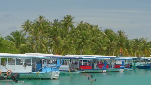 SLOW MOTION: Einheimische Boote füllen die Docks auf einer ruhigen tropischen Insel in Asien. — Stockvideo