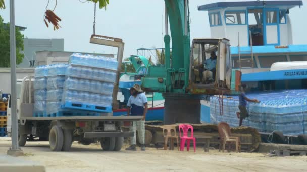 Yerel halk su şişeleriyle dolu paletleri teslimat kamyonundan gemiye aktarıyor.. — Stok video