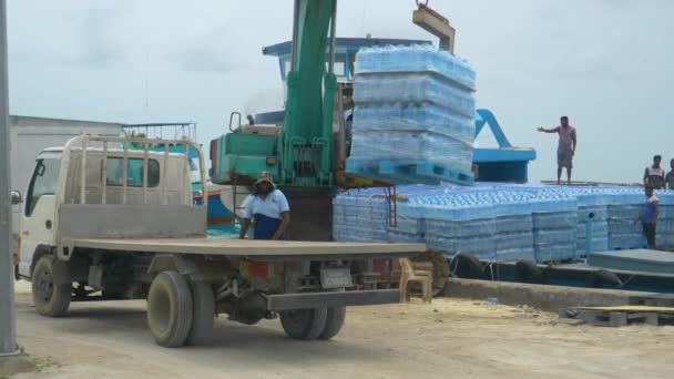 Locals use an excavator to transfer a pallet of water bottles from truck to ship — Stock Video